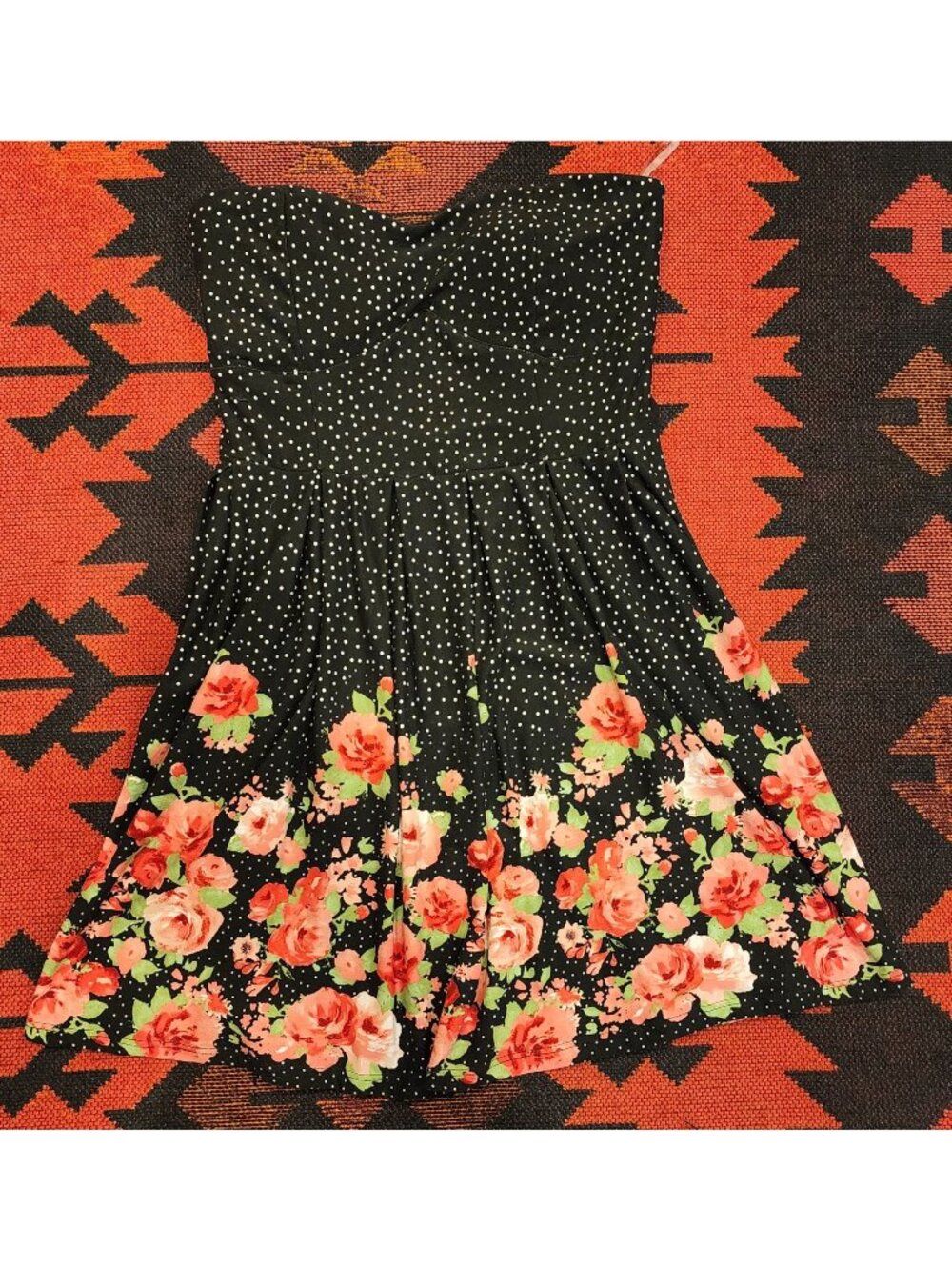 NEW No Boundaries Black Dress Polka Dot & Floral Print L/G (11-13) Stretch Back